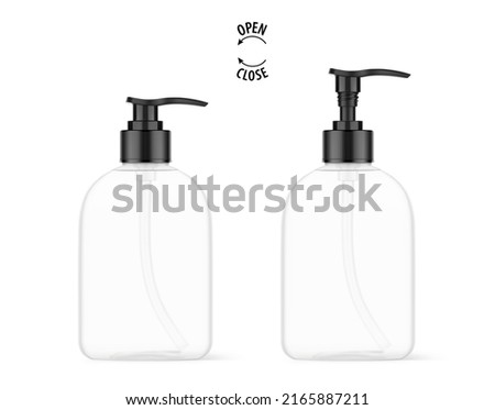 Realistic bottle with black dispenser mockup. In two positions open and closed. Vector illustration isolated on white background. Perfect for the presentation of soap, disinfectant, medical, etc.