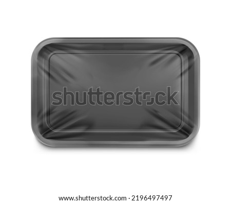 Horizontal black tray container mockup. Vector illustration isolated on white background. Layered template file easy to use for your promo product. EPS10.