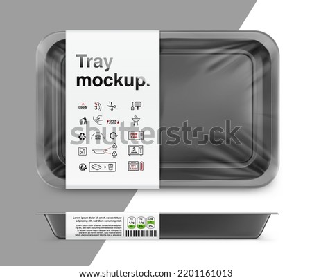 Horizontal black tray container mockup with transparent film and icons. Vector illustration isolated on white background. Layered template file easy to use for your promo product. EPS10.	
