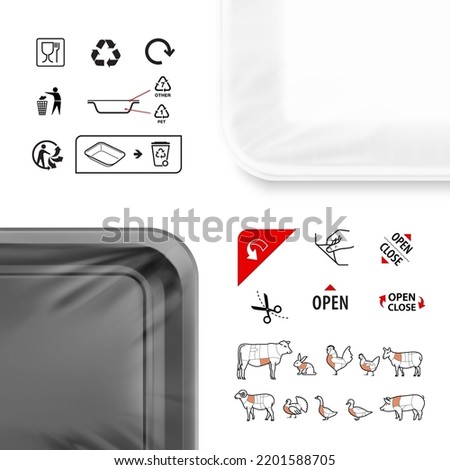 Tray container icons set. Vector illustration. Set for packs, shows the place of opening. EPS10.