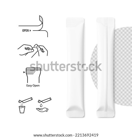 Blank stick pack mockups. Two types of tops. Vector illustration isolated on white background. Can be use for food, medicine, cosmetic and etc. EPS10.	