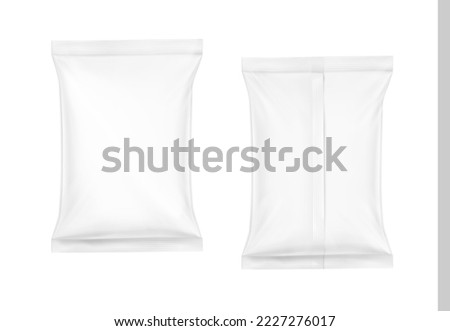Food snack pillow bag mockup set. Vector illustration isolated on white background. Can be use for template your design, promo, adv. Easy change color. EPS10.	