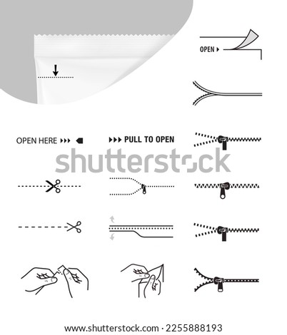 Packaging instruction icons set. Vector illustration isolated. Set for packs, shows the place of opening. EPS10.	