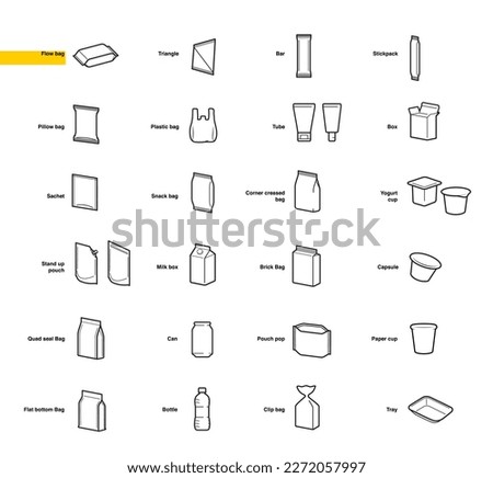 A set of packaging icons for recycled sorting. Vector elements are made with high contrast, well suited to different scales. Ready for use in your design. EPS10.	