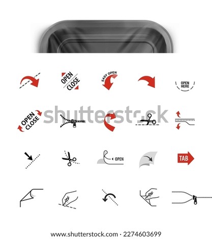 Packaging consumer icon set. Vector illustration isolated on white background. Set for packages, places of opening, closing, tearing. EPS10.	