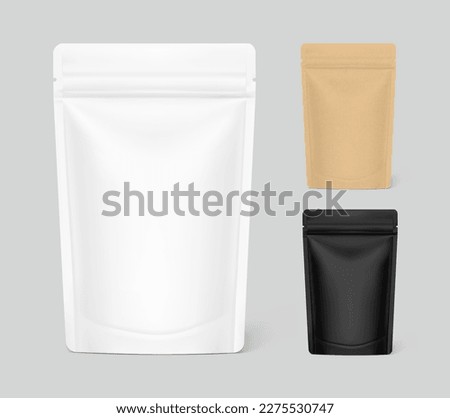 Stand up pouch bag mockups with zipper mockup. Vector illustration. Front view. Can be use for template your design, presentation, promo, ad. EPS10.