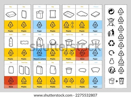 A set of packaging type icons for recycled sorting. Vector elements are made with high contrast, well suited to different scales. Ready for use in your design. EPS10.	