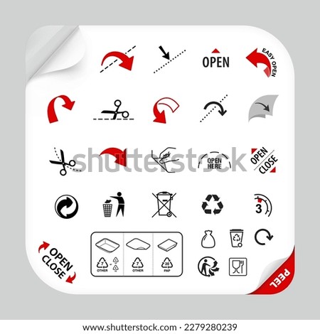 Tray container icons set. Vector illustration. Set for packs, shows the place of opening. EPS10.