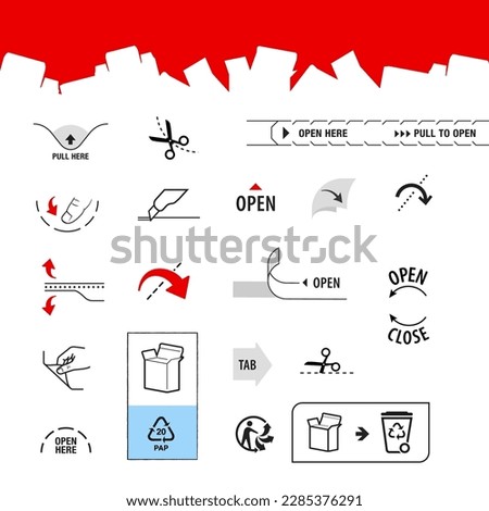 Box container icons set. Vector illustration isolated on white background. Set for packages, shows the place of opening. EPS10.