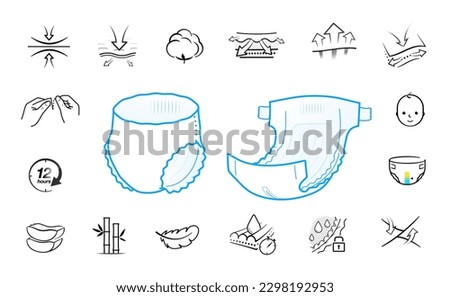 Set of icons for diapers and pants. Vector illustration on white background. Perfect for pads, baby and adult diapers, tissues, napkins and etc. EPS10.	