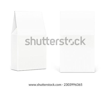 Realistic white cardboard box mockup with a triangle top. Half side and front views. Vector illustration isolated on white background. Ready for your design. EPS10.