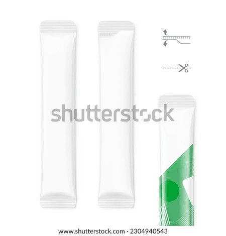 Blank stick pack mockups. Front view with sample. Vector illustration isolated on white background. Can be use for food, medicine, cosmetic and etc. EPS10.	