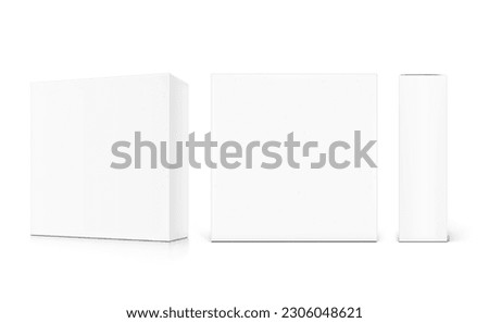 Rectangle cardboard box mockup set. Front, side and half side views. Vector illustration isolated on white background. Can be use for food, cosmetic, software and etc. Ready for your design. EPS10.	