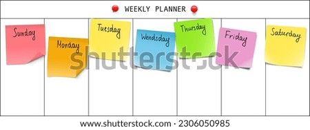 Weekly planner with memory notes. First day - Sunday. Vector illustration. Can be use for template your design, presentation, promo, ad. EPS10.