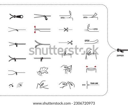A set of icons for zippers and scissors. Set for package, shows the place of opening. EPS10.	