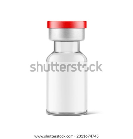 Realistic clear glass bottle for injections mockup. Vector illustration isolated on white background. Can be use for medicine, cosmetic and other. Ready for your design. EPS10.