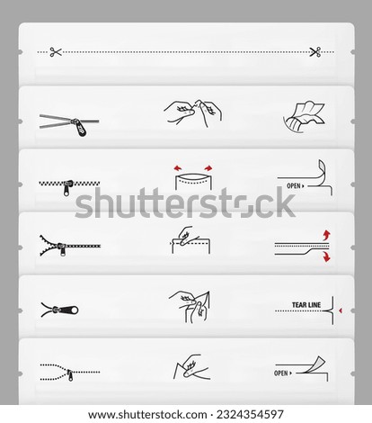 A set of icons for custom instructions for opening and closing a package. Package set, shows place for attention. EPS10.