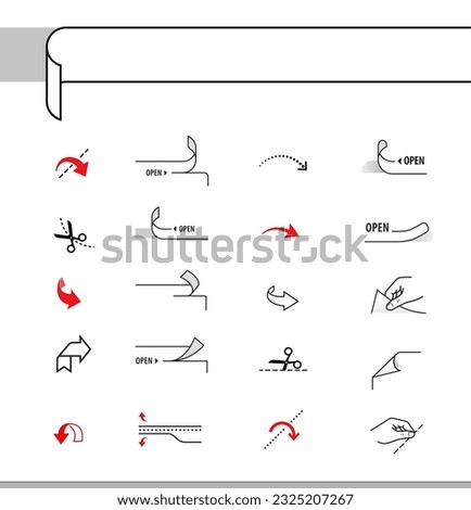 A set of icons for custom instructions for opening and closing a package. Package set, shows place for attention. EPS10.