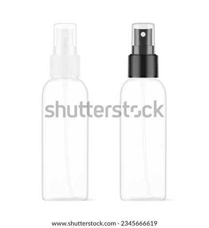 Clear realistic spray bottles mockup with different caps. Vector illustration isolated on white background. Сan be used for cosmetic, medical, sanitary and other needs. Symmetrical lighting scheme. 