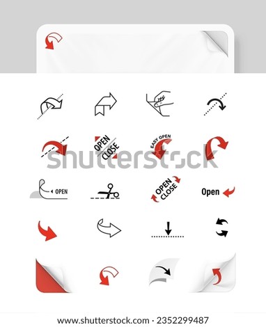 Package corner arrows icons set. Vector illustration isolated on white background. Set for packages, shows opening, closing, tearing and cutting. EPS10.