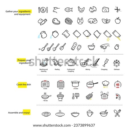 Cooking preparation icon set. Set of sign for detailed guideline of preparation food. Vector elements on a white background. Ready for your design. EPS10.	