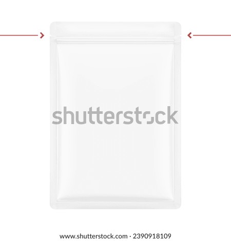 Sachet mockup with zip lock and tear notch. Hyper realistic. Vector illustration isolated on white background. Flat lay view. Packaging for cosmetic, food, pet. Ready for your design. EPS10.