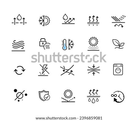 Set icons for functional fabric, clothing. Vector illustration. Isolated on white background. It can be used in the adv, promo, package, etc. EPS10.