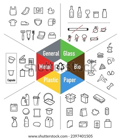 Ready sets of icons for separating trash. Vector elements are made with high contrast, well suited to different scales and on different media. Ready for use in your design. EPS10.