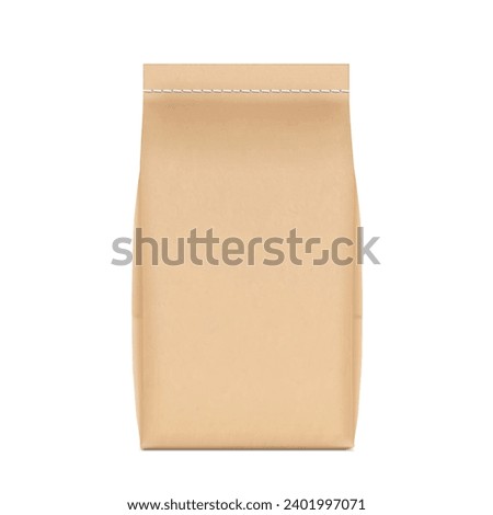 Vertical stitched kraft paper bag mockup. Front view. High realistic. Vector illustration isolated on white background. Ready for use in presentation, promo, advertising and more. EPS10.
