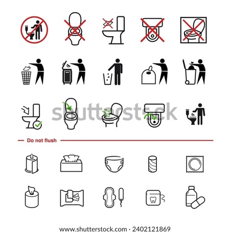 Flush toilet icon set. The outline icons are well scalable and editable. Contrasting elements are good for different backgrounds. Ideal for use in design, packaging, etc. EPS10.