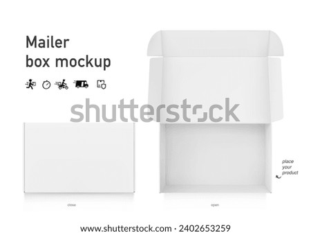 Realistic open post box mockup. Vector illustration isolated on white background. Flat lay view. Ready for your design, promotion, self branding. EPS10.