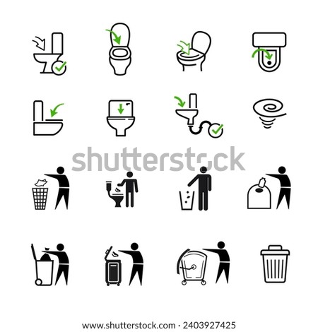 Flush toilet icon set. The outline icons are well scalable and editable. Contrasting elements are good for different backgrounds. Ideal for use in design, packaging, etc. EPS10.