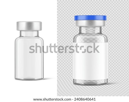 Transparent glass bottles for injections mockup. Vector illustration isolated on white and transparent background. Can be use for medicine, cosmetic and other. Ready for your design. EPS10.