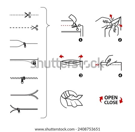 A set of icons for opening zip locks, tear notch on packaging. Set for package, shows the place of opening. Vector elements. Ready and simple to use for your design. EPS10.