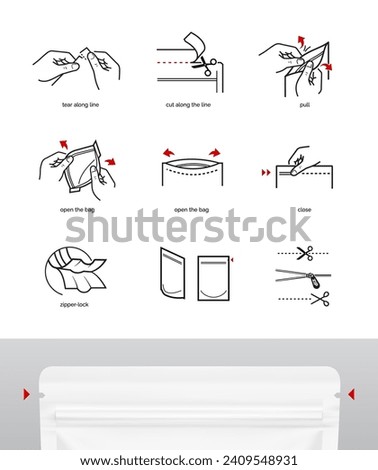 A set of icons for opening zip locks, tear notch on packaging. Set for package, shows the place of opening. Vector elements. Ready and simple to use for your design. EPS10.