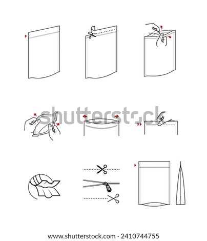 A set of icons for zippers and scissors. Set for package, shows the place of opening. Vector elements. Ready and simple to use for your design. EPS10.