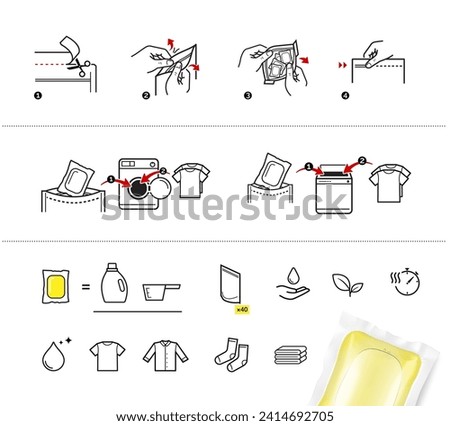 Laundry gel capsule pod for washing machine with set icons. Vector illustration isolated on white background. Ready for your design. EPS10.	