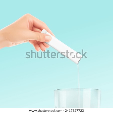 Left hand pours stick pack liquid into glass.Vector illustration on blue background. Ready for use in presentation, promo, advertising and more. EPS10.