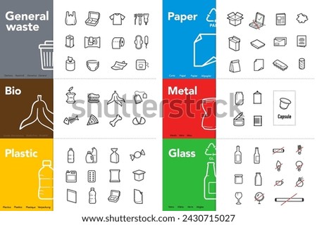 Ready sets of icons for separating trash. Vector elements are made with high contrast, well suited to different scales and on different media. Ready for use in your design. EPS10.