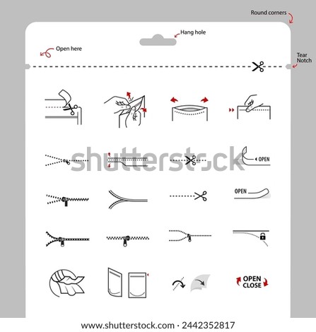 A set of icons for opening zip locks, tear notch on packaging. Set for package, shows the place of opening. Vector elements. Ready and simple to use for your design. EPS10.