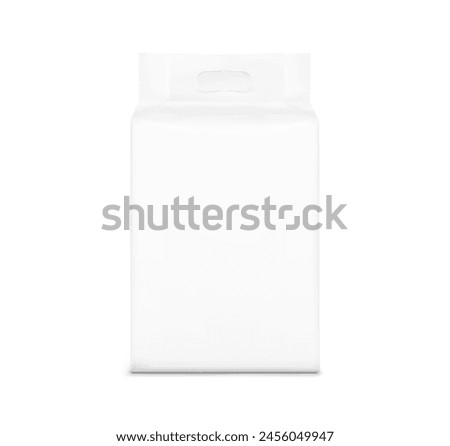 Realistic stand bag with hole handle mockup. Half side view. Vector illustration isolated on white background. Ready for your design. Suite for the presentation of diaper, wet wipes. EPS10.