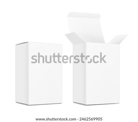 Realistic closed and open cardboard box mockup. Vector illustration isolated on white background. Taking your 2D designs into 3D. Can be use for medicine, food, cosmetic and other. EPS10.