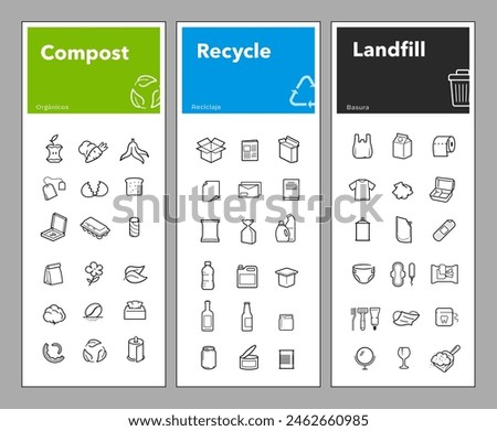 Ready sets of icons for separating waste on trash, compost, recycle. Vector elements are made with high contrast, well suited to different scales. Ready for use in your design. EPS10.