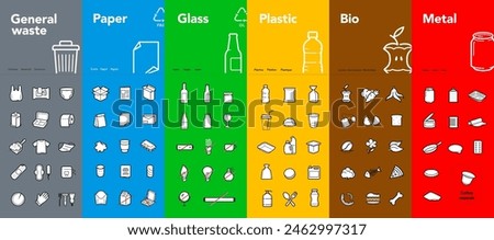 Ready sets of icons for separating trash. Vector elements are made with high contrast, well suited to different scales and on different media. Ready for use in your design. EPS10.