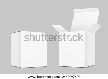 Realistic closed and open cardboard box mockup. Vector illustration isolated on grey background. Taking your 2D designs into 3D. Can be use for medicine, food, cosmetic and other. EPS10.