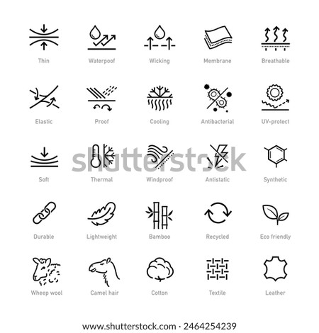 Set icons for fabric, clothing. The outline icons are well scalable and editable. Contrasting vector elements are good for different backgrounds. EPS10.