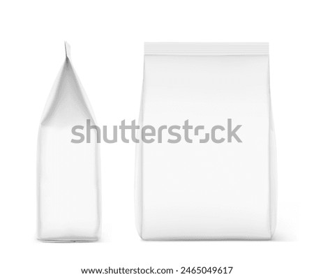 Vertical bag mockup. Flat bottom gusset bag. Front and side view. High realistic. Vector illustration isolated on white background. Ready for use in presentation, promo, advertising and more. EPS10.