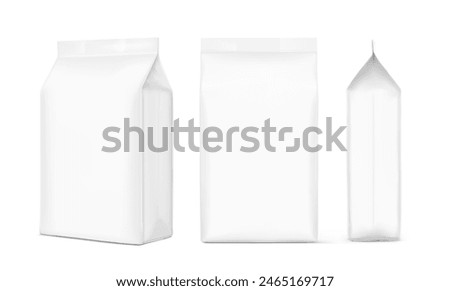 Vertical bag mockup. Flat bottom bag. Front, side, half side views. High realistic. Vector illustration isolated on white background. Ready for use in presentation, promo, advertising and more. EPS10.