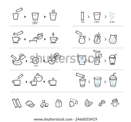 Set of methods of brewing tea, coffee and cold drinks. Preparation instructions. Vector elements for infographics. Set of sign for detailed guideline. Ready for your design. EPS10.