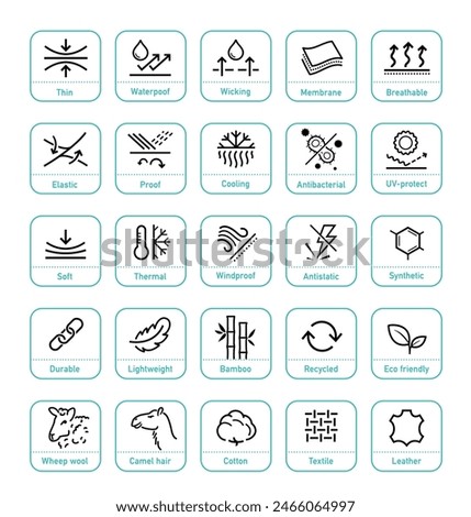 Set icons for functional fabric, clothing. The outline icons are well scalable and editable. Contrasting vector elements are good for different backgrounds. EPS10.